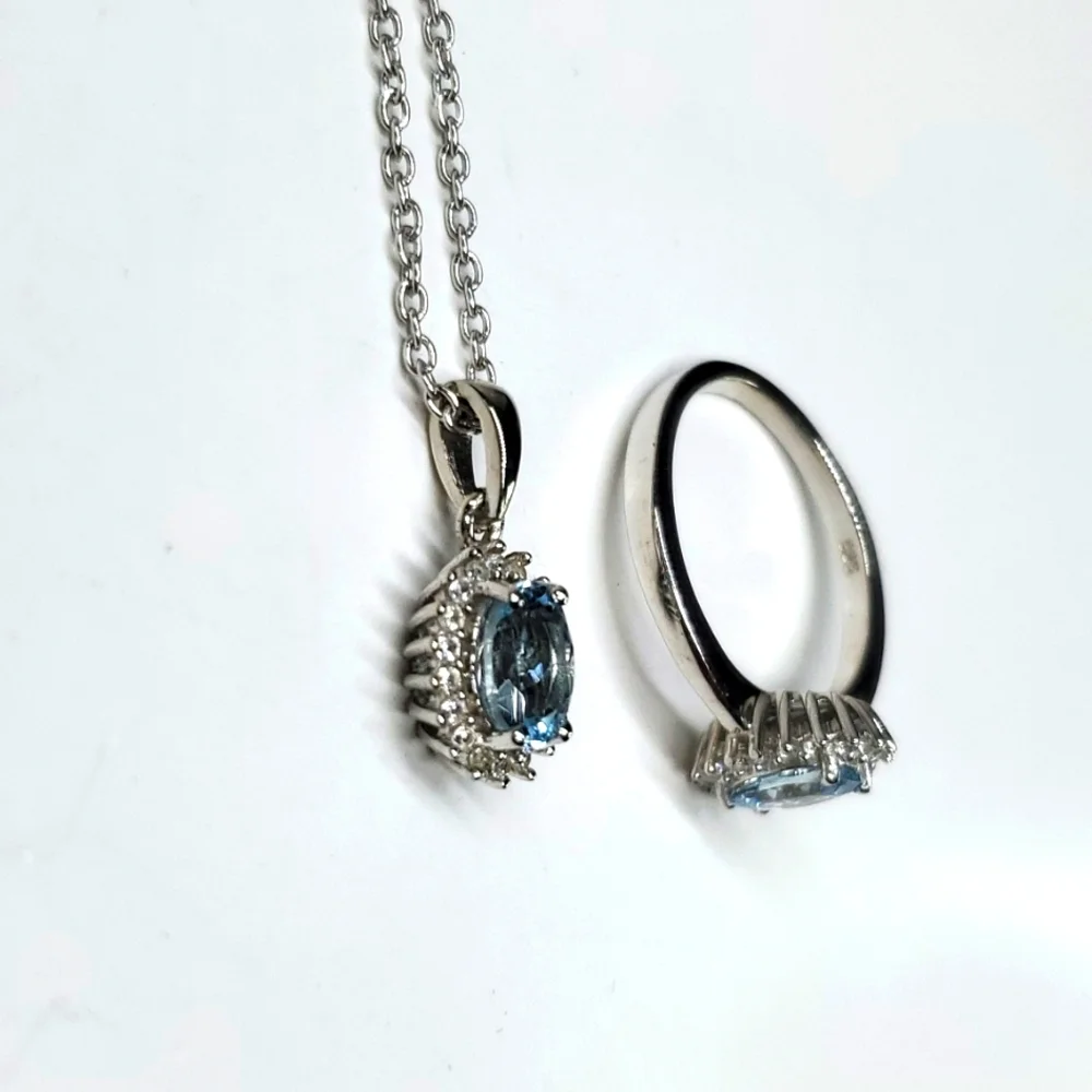 Aquamarine Halo Ring & Necklace Set Sterling Silver Platinum NWT 7